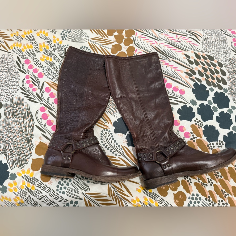 Frye Brown Leather Combat Moto Boots with Buckle Accents
